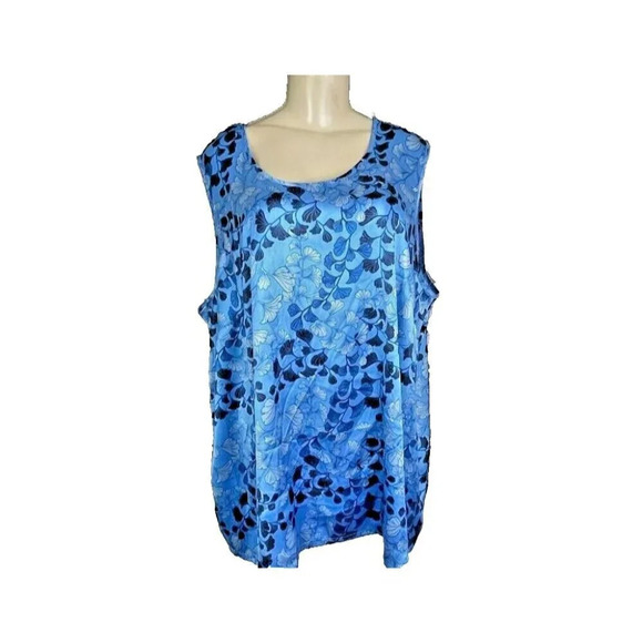 Jessica London Plus 20W-1X Blue Satin Floral Print Scoop Neckline Tank Blouse - Picture 2 of 6